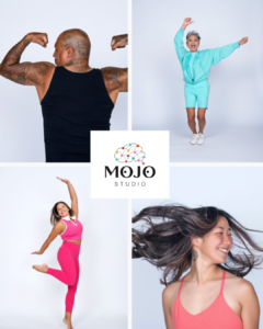 collage of a man flexing, and three women dancing with mojo studios logo